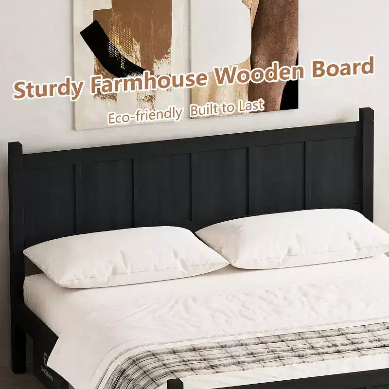 Lit plateforme double avec tête et pied de lit, cadre de lit de ferme Shaker en grain de bois, Noir