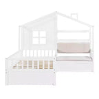 Lit double jumeau avec canapé, 2 tiroirs et étagère de rangement, lit plateforme pour enfants, blanc