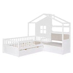Lit double jumeau avec canapé, 2 tiroirs et étagère de rangement, lit plateforme pour enfants, blanc