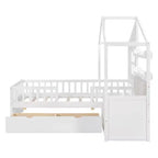 Lit double jumeau avec canapé, 2 tiroirs et étagère de rangement, lit plateforme pour enfants, blanc