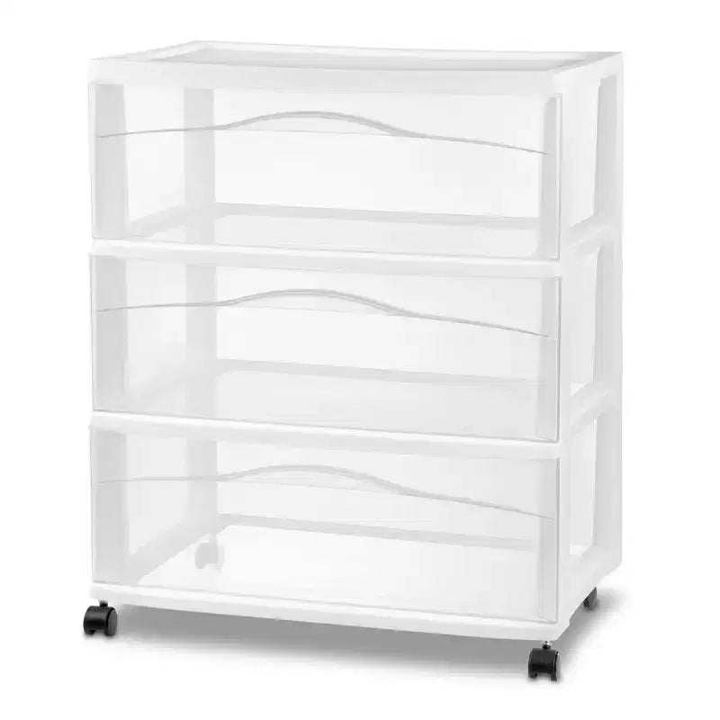 Chariot de rangement Sterilite large 3 tiroirs, Organisateur en plastique à roulettes, Blanc, Lot de 3