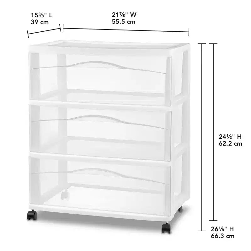 Chariot de rangement Sterilite large 3 tiroirs, Organisateur en plastique à roulettes, Blanc, Lot de 3