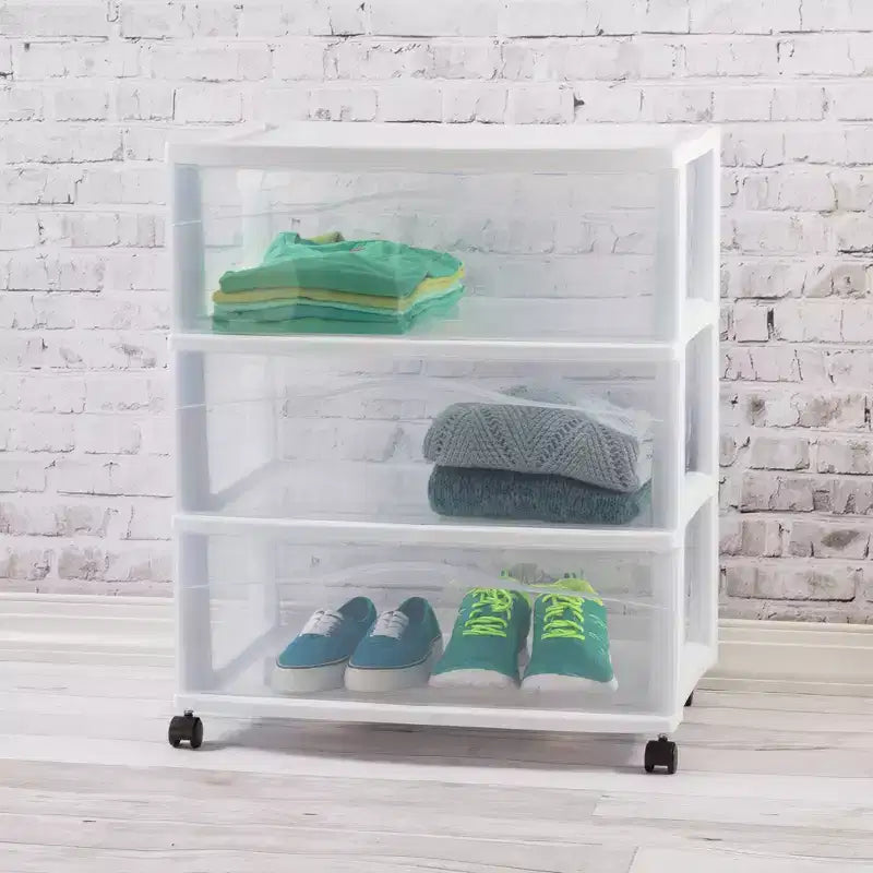 Chariot de rangement Sterilite large 3 tiroirs, Organisateur en plastique à roulettes, Blanc, Lot de 3