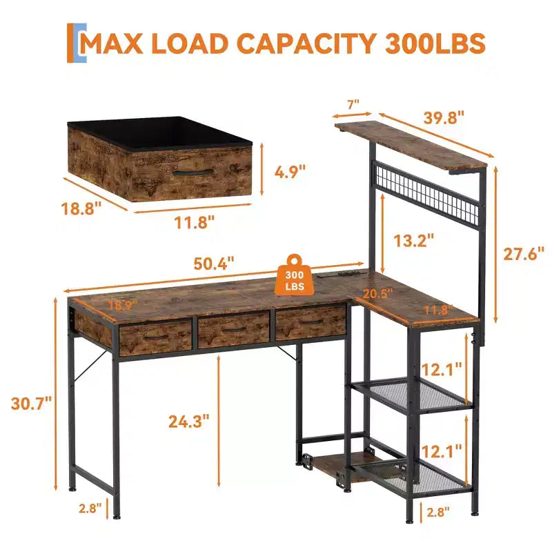 Bureau d'ordinateur en L avec 3 tiroirs, bureau d'angle réversible avec étagère et rangement à 3 niveaux pour le bureau à domicile