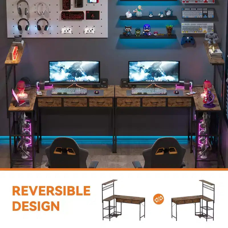 Bureau d'ordinateur en L avec 3 tiroirs, bureau d'angle réversible avec étagère et rangement à 3 niveaux pour le bureau à domicile