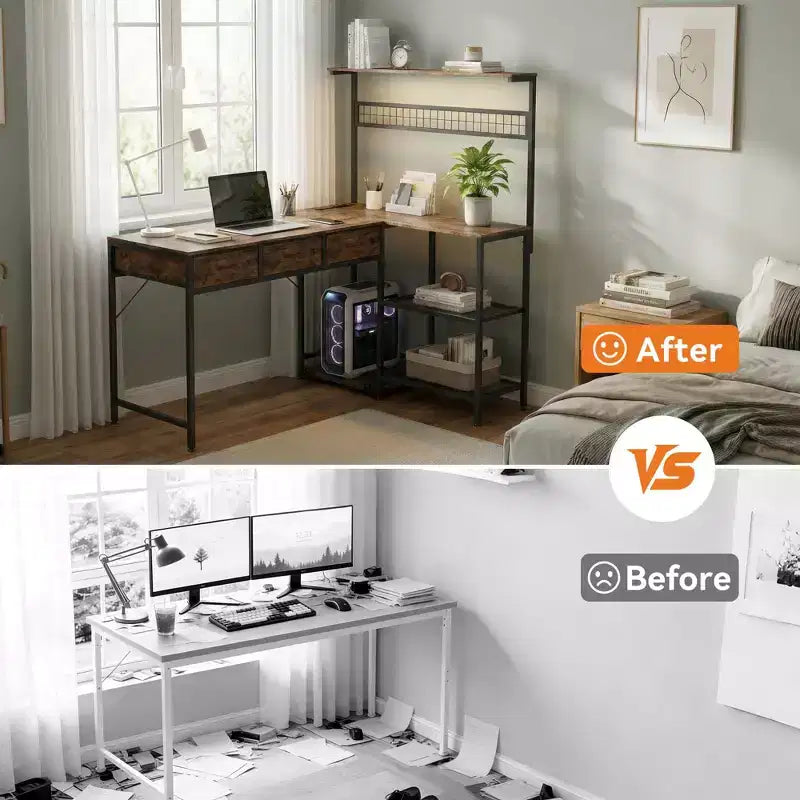 Bureau d'ordinateur en L avec 3 tiroirs, bureau d'angle réversible avec étagère et rangement à 3 niveaux pour le bureau à domicile
