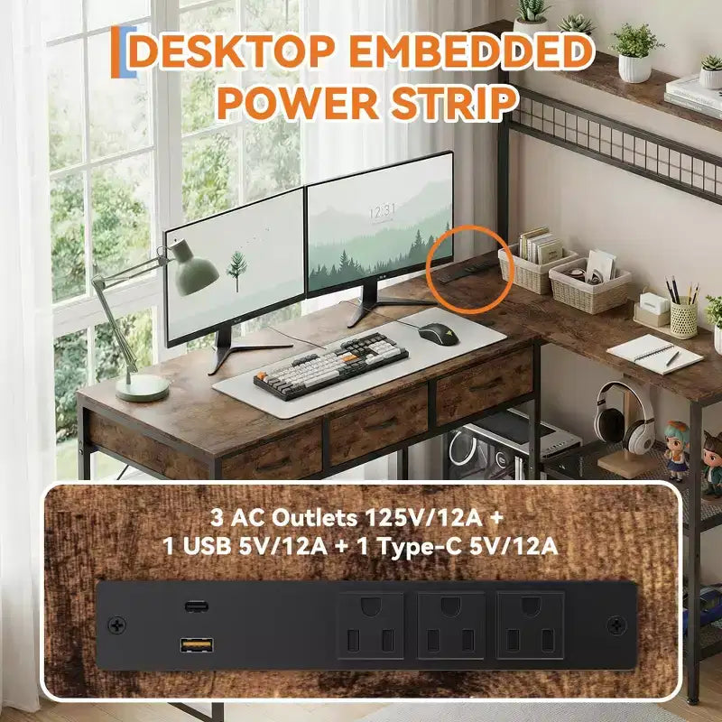 Bureau d'ordinateur en L avec 3 tiroirs, bureau d'angle réversible avec étagère et rangement à 3 niveaux pour le bureau à domicile