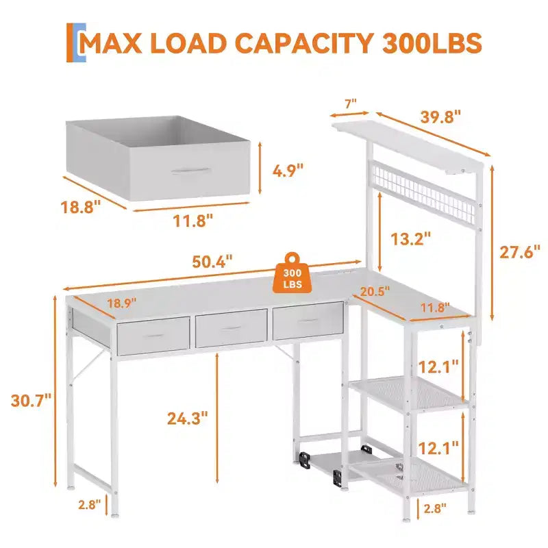 Bureau d'ordinateur en L avec 3 tiroirs, bureau d'angle réversible avec étagère et rangement à 3 niveaux pour le bureau à domicile