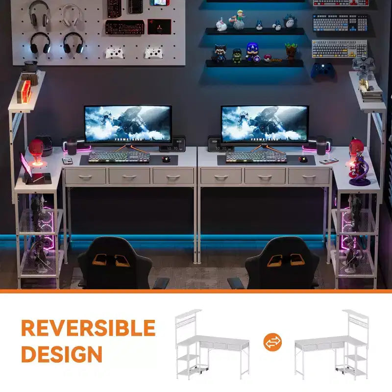 Bureau d'ordinateur en L avec 3 tiroirs, bureau d'angle réversible avec étagère et rangement à 3 niveaux pour le bureau à domicile