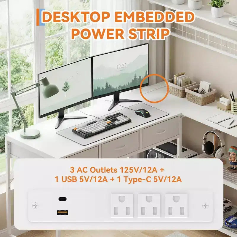 Bureau d'ordinateur en L avec 3 tiroirs, bureau d'angle réversible avec étagère et rangement à 3 niveaux pour le bureau à domicile