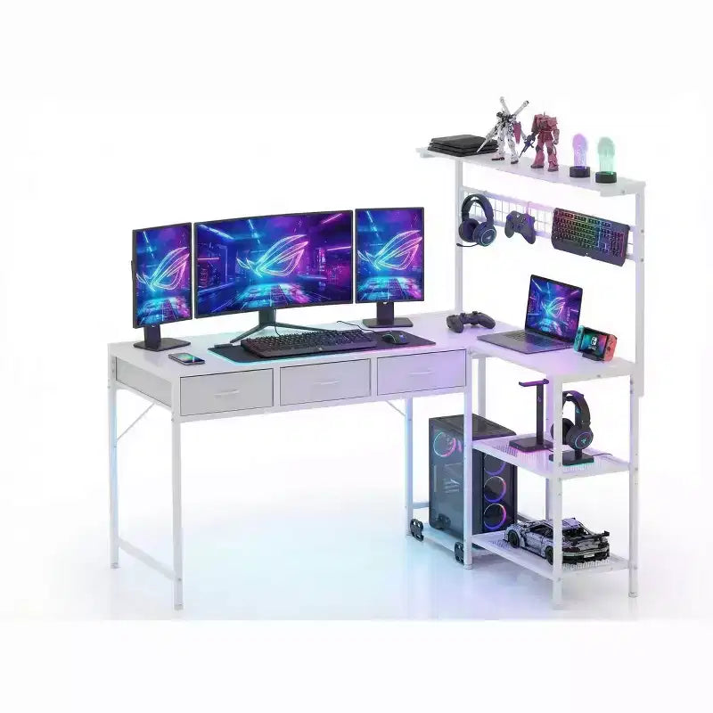 Bureau d'ordinateur en L avec 3 tiroirs, bureau d'angle réversible avec étagère et rangement à 3 niveaux pour le bureau à domicile