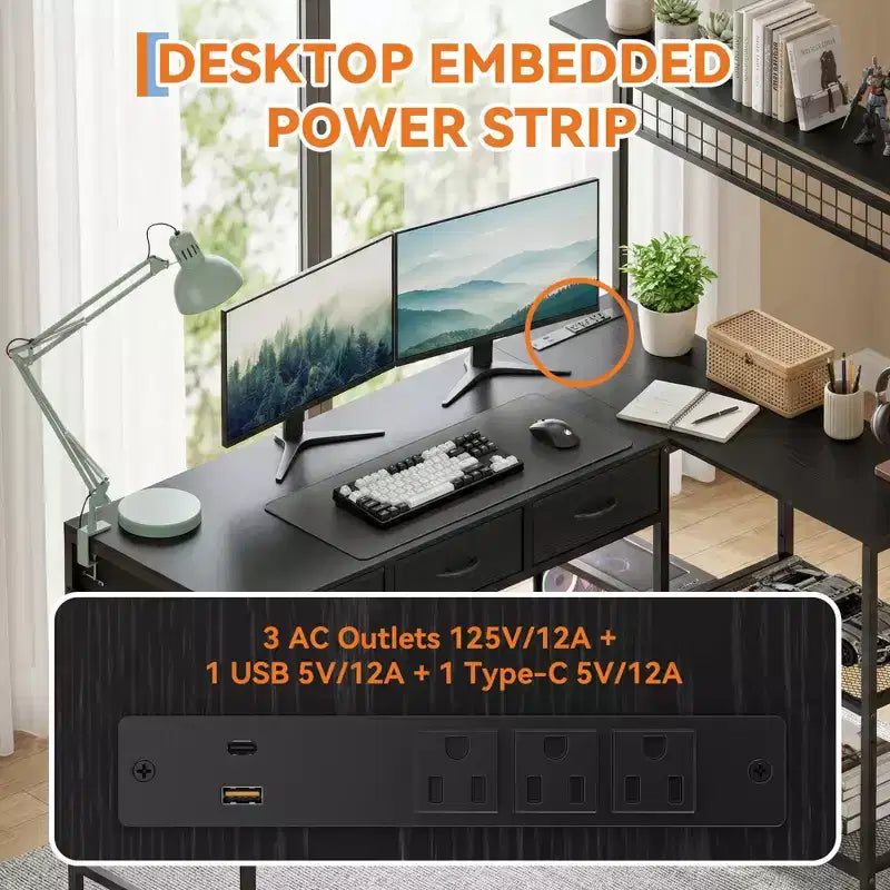 Bureau d'ordinateur en L avec 3 tiroirs, bureau d'angle réversible avec étagère et rangement à 3 niveaux pour le bureau à domicile