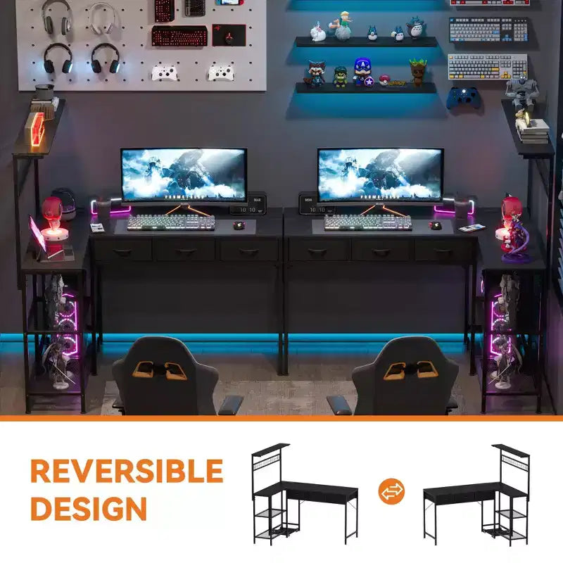 Bureau d'ordinateur en L avec 3 tiroirs, bureau d'angle réversible avec étagère et rangement à 3 niveaux pour le bureau à domicile