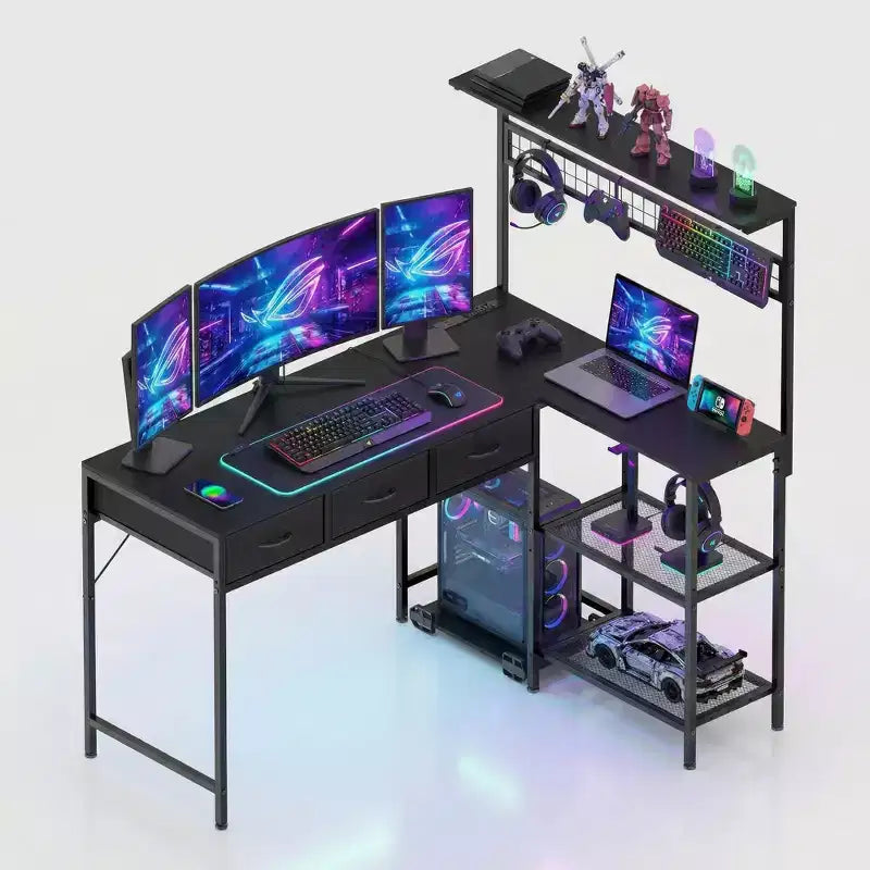 Bureau d'ordinateur en L avec 3 tiroirs, bureau d'angle réversible avec étagère et rangement à 3 niveaux pour le bureau à domicile