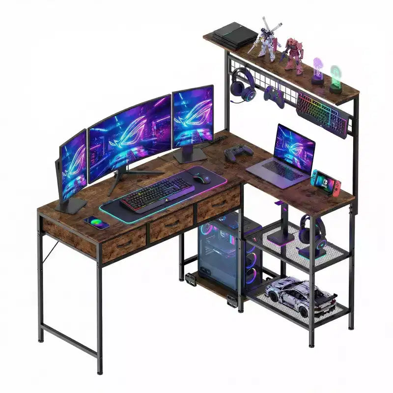 Bureau d'ordinateur en L avec 3 tiroirs, bureau d'angle réversible avec étagère et rangement à 3 niveaux pour le bureau à domicile