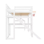 Lit mezzanine en bois massif Luxystar avec bureau, toboggan, panier de basket et escalier de rangement pour enfants et adolescents
