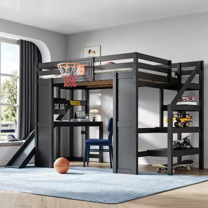 Lit mezzanine en bois massif Luxystar avec bureau, toboggan, panier de basket et escalier de rangement pour enfants et adolescents