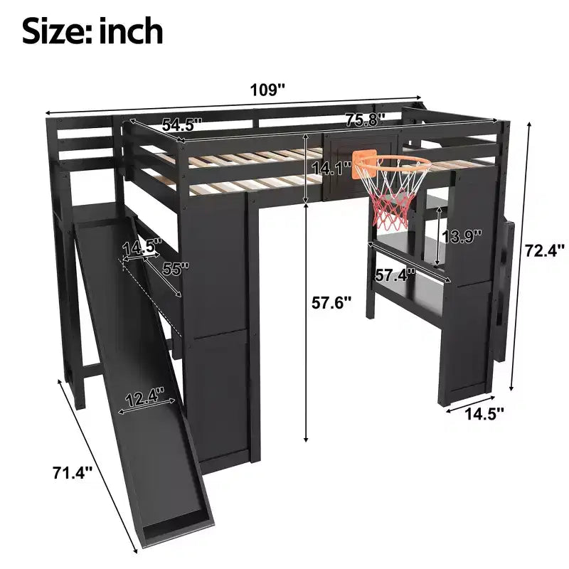 Lit mezzanine en bois massif Luxystar avec bureau, toboggan, panier de basket et escalier de rangement pour enfants et adolescents