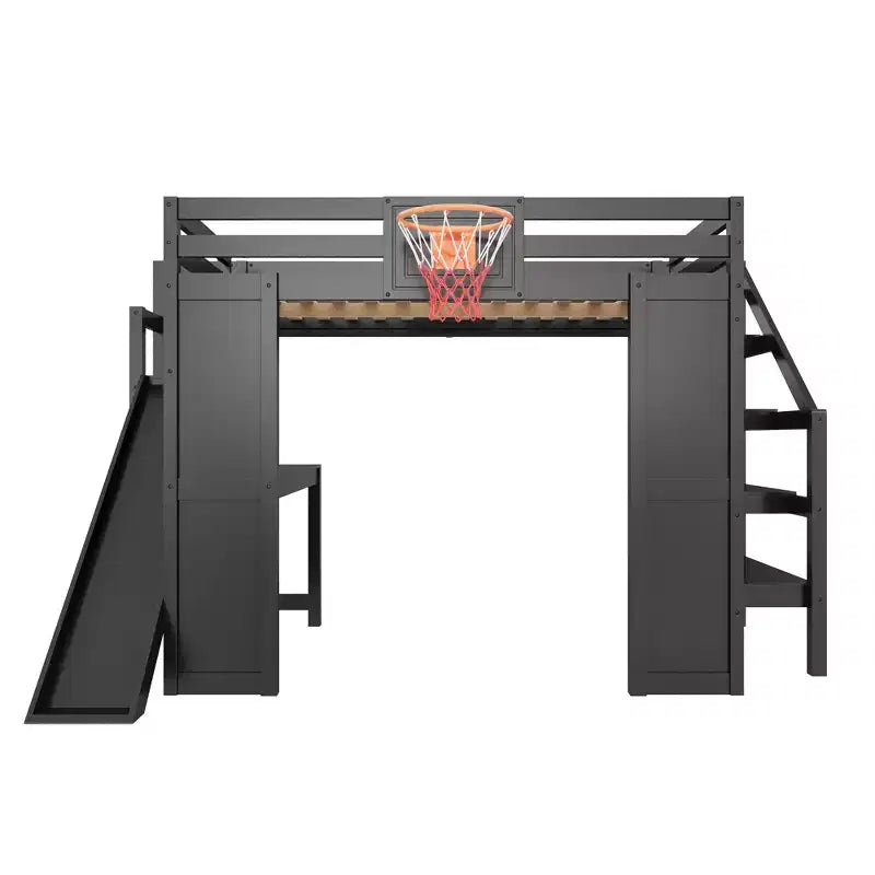 Lit mezzanine en bois massif Luxystar avec bureau, toboggan, panier de basket et escalier de rangement pour enfants et adolescents