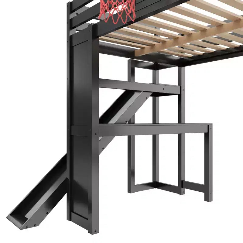 Lit mezzanine en bois massif Luxystar avec bureau, toboggan, panier de basket et escalier de rangement pour enfants et adolescents