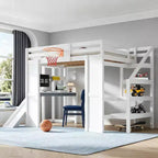 Lit mezzanine en bois massif Luxystar avec bureau, toboggan, panier de basket et escalier de rangement pour enfants et adolescents