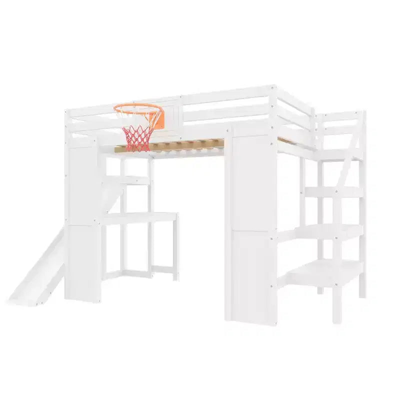 Lit mezzanine en bois massif Luxystar avec bureau, toboggan, panier de basket et escalier de rangement pour enfants et adolescents
