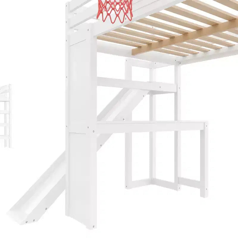 Lit mezzanine en bois massif Luxystar avec bureau, toboggan, panier de basket et escalier de rangement pour enfants et adolescents