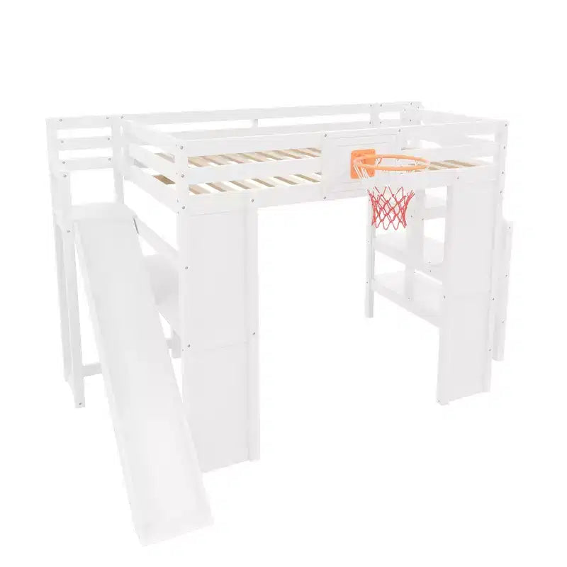 Lit mezzanine en bois massif Luxystar avec bureau, toboggan, panier de basket et escalier de rangement pour enfants et adolescents