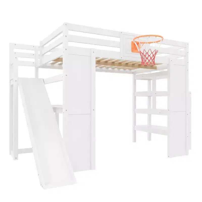Lit mezzanine en bois massif Luxystar avec bureau, toboggan, panier de basket et escalier de rangement pour enfants et adolescents