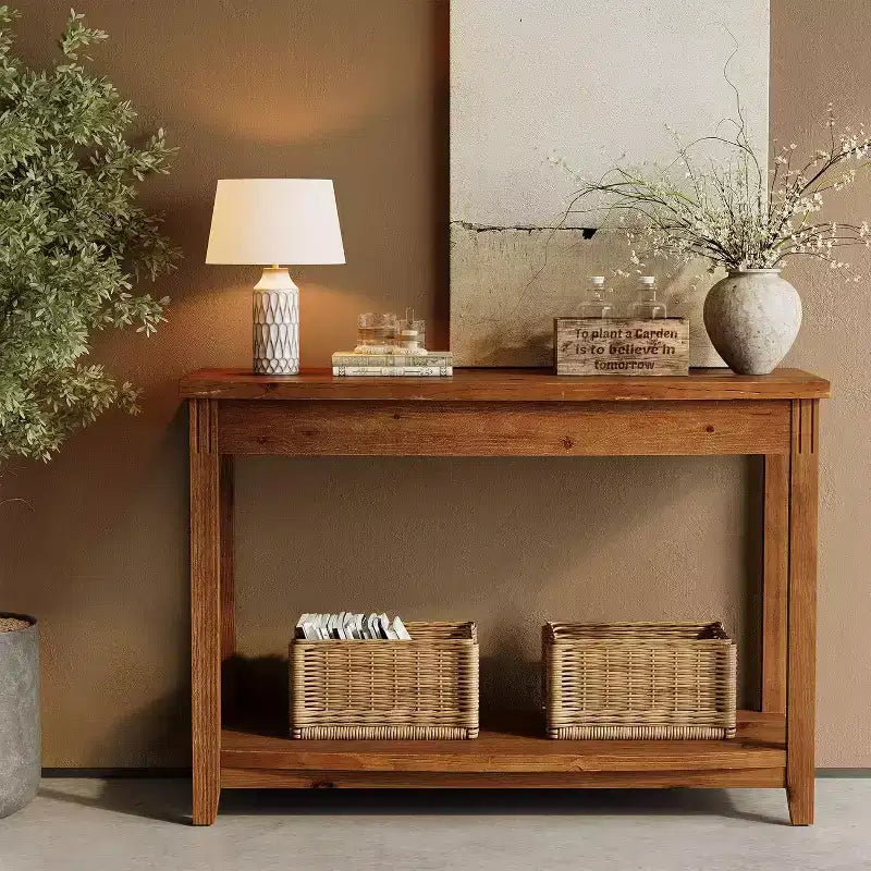 Console en bois massif Lantine, table d'entrée de ferme de 105 cm avec étagère de rangement pour salon, derrière le canapé, couloir et hall d'entrée (vintage)