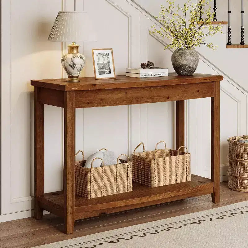 Console en bois massif Lantine, table d'entrée de ferme de 105 cm avec étagère de rangement pour salon, derrière le canapé, couloir et hall d'entrée (vintage)