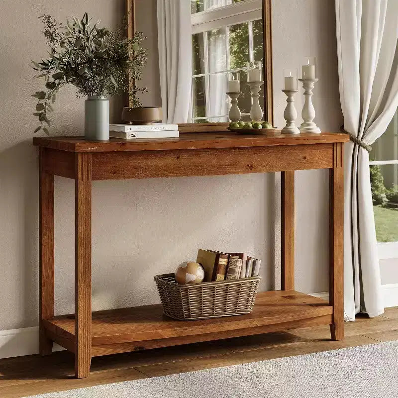 Console en bois massif Lantine, table d'entrée de ferme de 105 cm avec étagère de rangement pour salon, derrière le canapé, couloir et hall d'entrée (vintage)