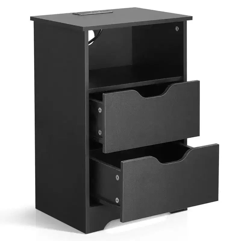 Table de chevet Karl Home noire 39,9 cm, panneau de particules P2, mélamine mate, sans poignée, 2 tiroirs, prise US (2 pièces)