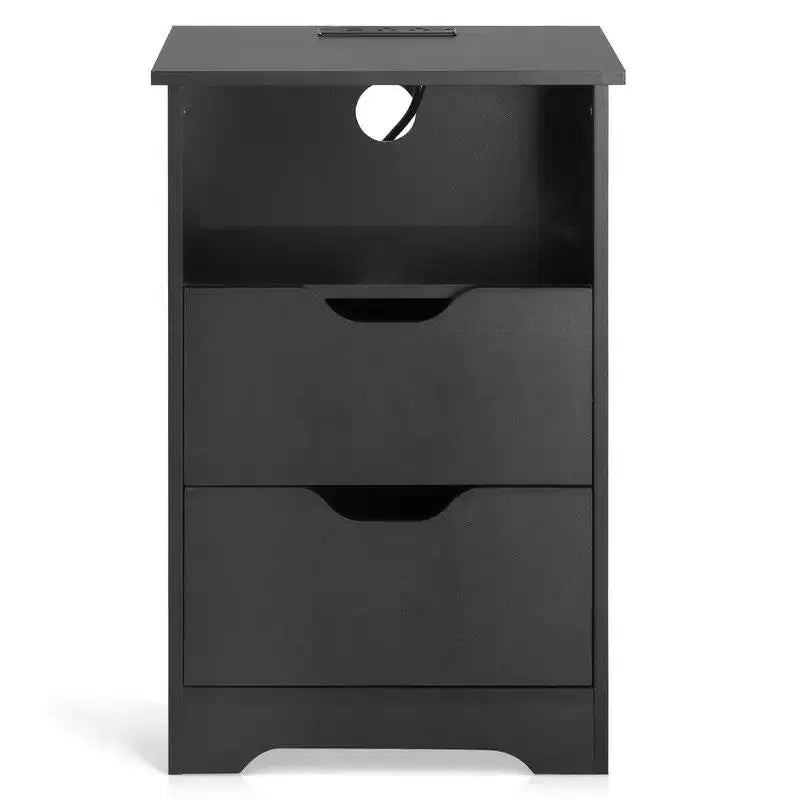 Table de chevet Karl Home noire 39,9 cm, panneau de particules P2, mélamine mate, sans poignée, 2 tiroirs, prise US (2 pièces)