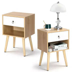 Table de chevet Karl Home 15.0 po. blanche et chêne, panneaux de particules P2 et pieds solides, mélamine mate, poignée anneau, 1 tiroir