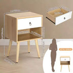 Table de chevet Karl Home 15.0 po. blanche et chêne, panneaux de particules P2 et pieds solides, mélamine mate, poignée anneau, 1 tiroir