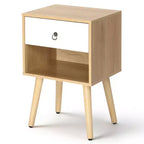 Table de chevet Karl Home 15.0 po. blanche et chêne, panneaux de particules P2 et pieds solides, mélamine mate, poignée anneau, 1 tiroir