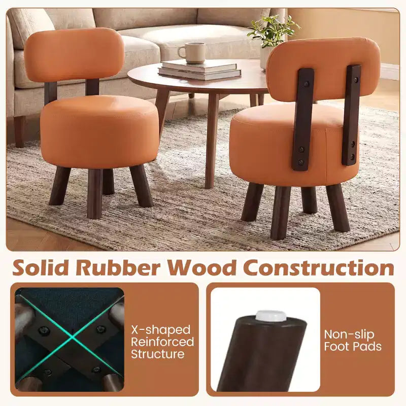 Costway Lot de 2 petits tabourets avec dossier et pieds en bois d'hévéa pour chambre à coucher Blanc/Noir/Noyer/Orange