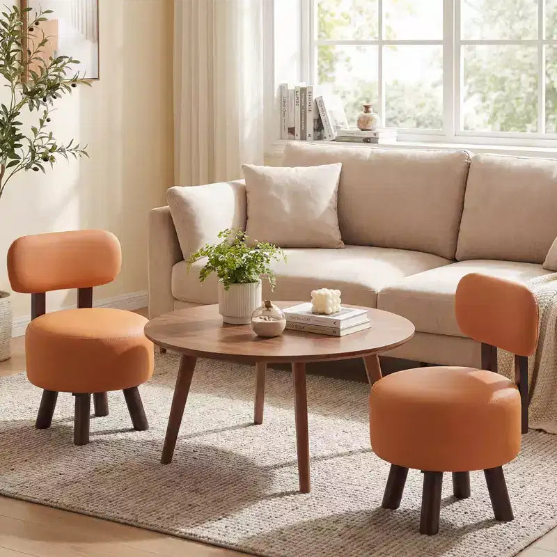 Costway Lot de 2 petits tabourets avec dossier et pieds en bois d'hévéa pour chambre à coucher Blanc/Noir/Noyer/Orange