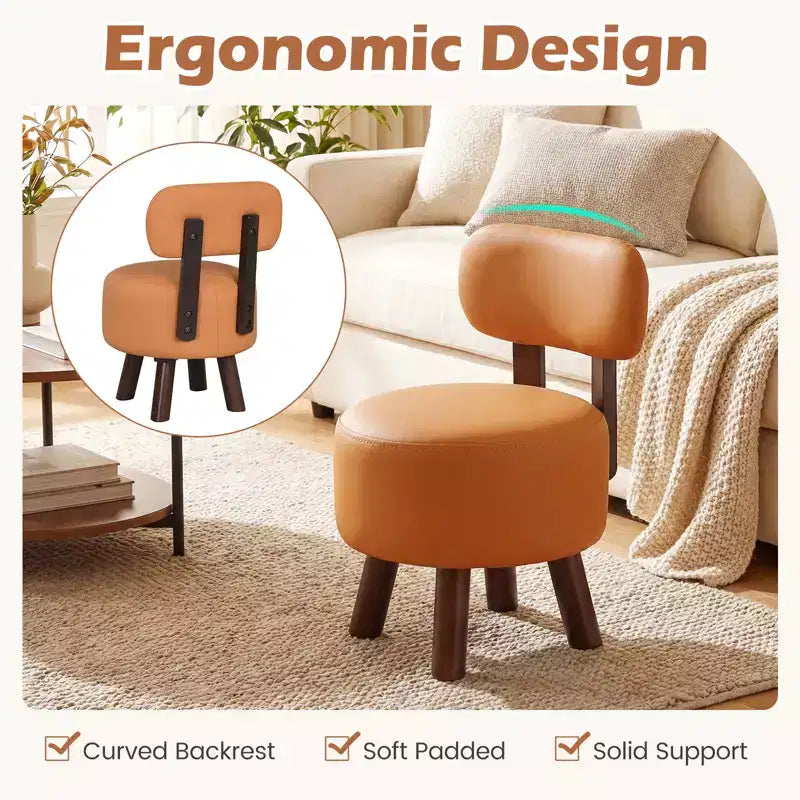 Costway Lot de 2 petits tabourets avec dossier et pieds en bois d'hévéa pour chambre à coucher Blanc/Noir/Noyer/Orange