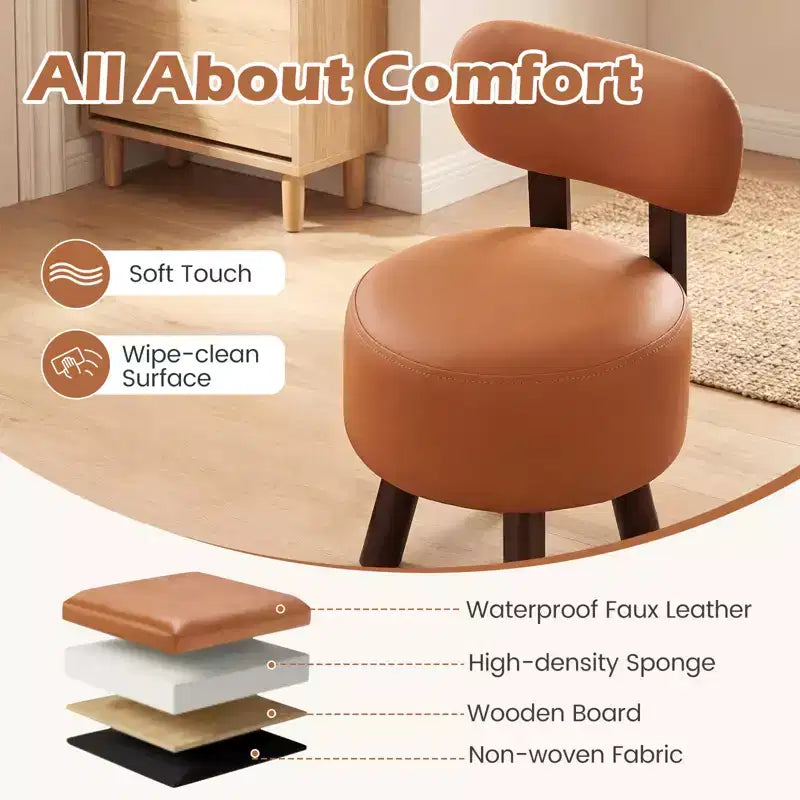 Costway Lot de 2 petits tabourets avec dossier et pieds en bois d'hévéa pour chambre à coucher Blanc/Noir/Noyer/Orange