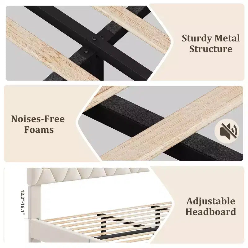 Cadre de lit Twin XL/King Size avec tête de lit réglable, lit plateforme rembourré avec support de lattes en bois robustes, aucun sommier tapissier requis