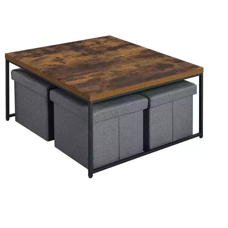 Caitlin 35 Ensemble de 5 tables basses en grain de bois de chêne vieilli, 4 tabourets de rangement, plateau en MDF, base en métal noir