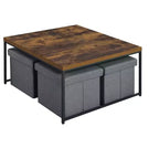 Caitlin 35 Ensemble de 5 tables basses en grain de bois de chêne vieilli, 4 tabourets de rangement, plateau en MDF, base en métal noir