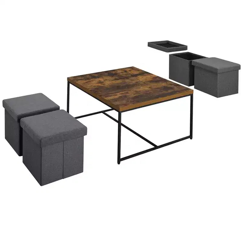 Caitlin 35 Ensemble de 5 tables basses en grain de bois de chêne vieilli, 4 tabourets de rangement, plateau en MDF, base en métal noir