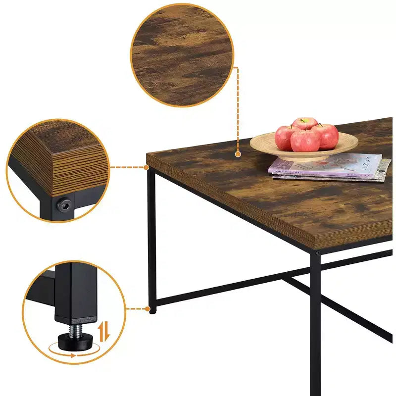 Caitlin 35 Ensemble de 5 tables basses en grain de bois de chêne vieilli, 4 tabourets de rangement, plateau en MDF, base en métal noir