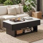 GDFStudio Modern 46.5 Multi-Functional Rectangle Lift Top Coffee Table with White Marble-Pattern Top and Solid Wood Strips