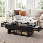 GDFStudio Table basse relevable rectangulaire multifonctionnelle de 46,5 po avec plateau en faux marbre blanc et lattes en bois massif