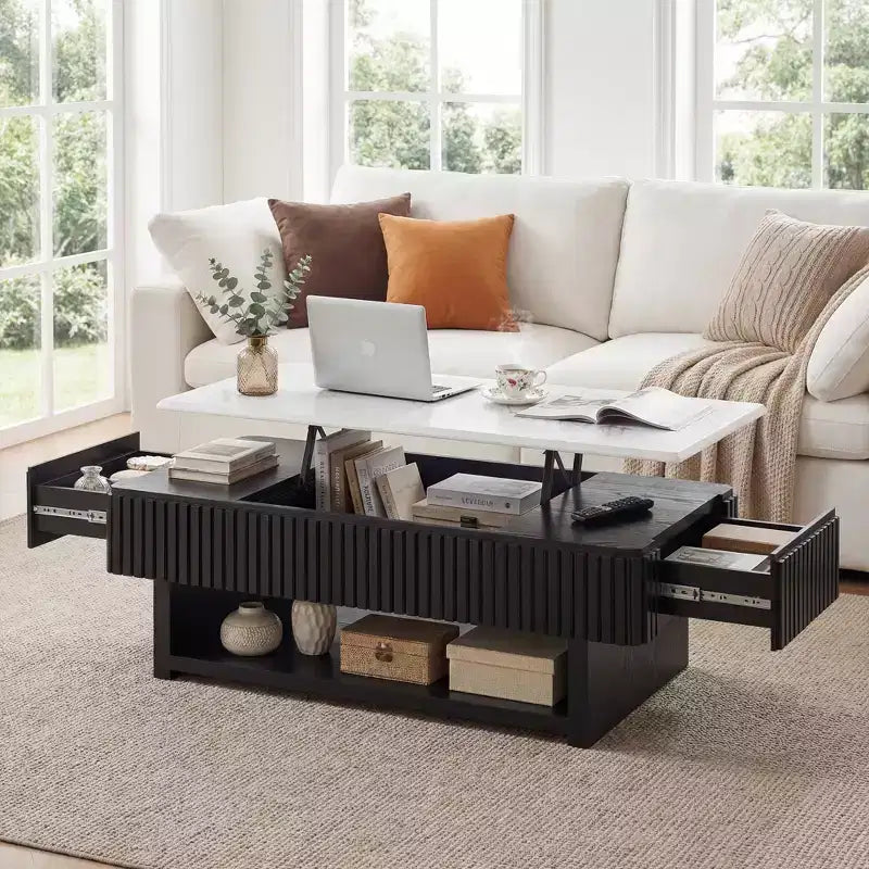 GDFStudio Table basse relevable rectangulaire multifonctionnelle de 46,5 po avec plateau en faux marbre blanc et lattes en bois massif