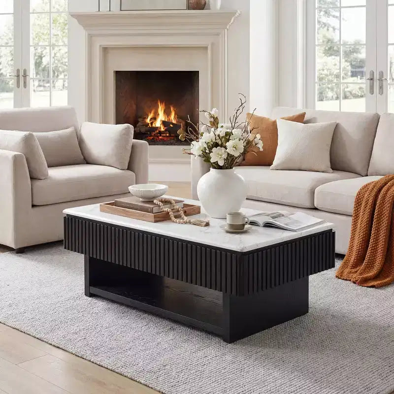GDFStudio Table basse relevable rectangulaire multifonctionnelle de 46,5 po avec plateau en faux marbre blanc et lattes en bois massif